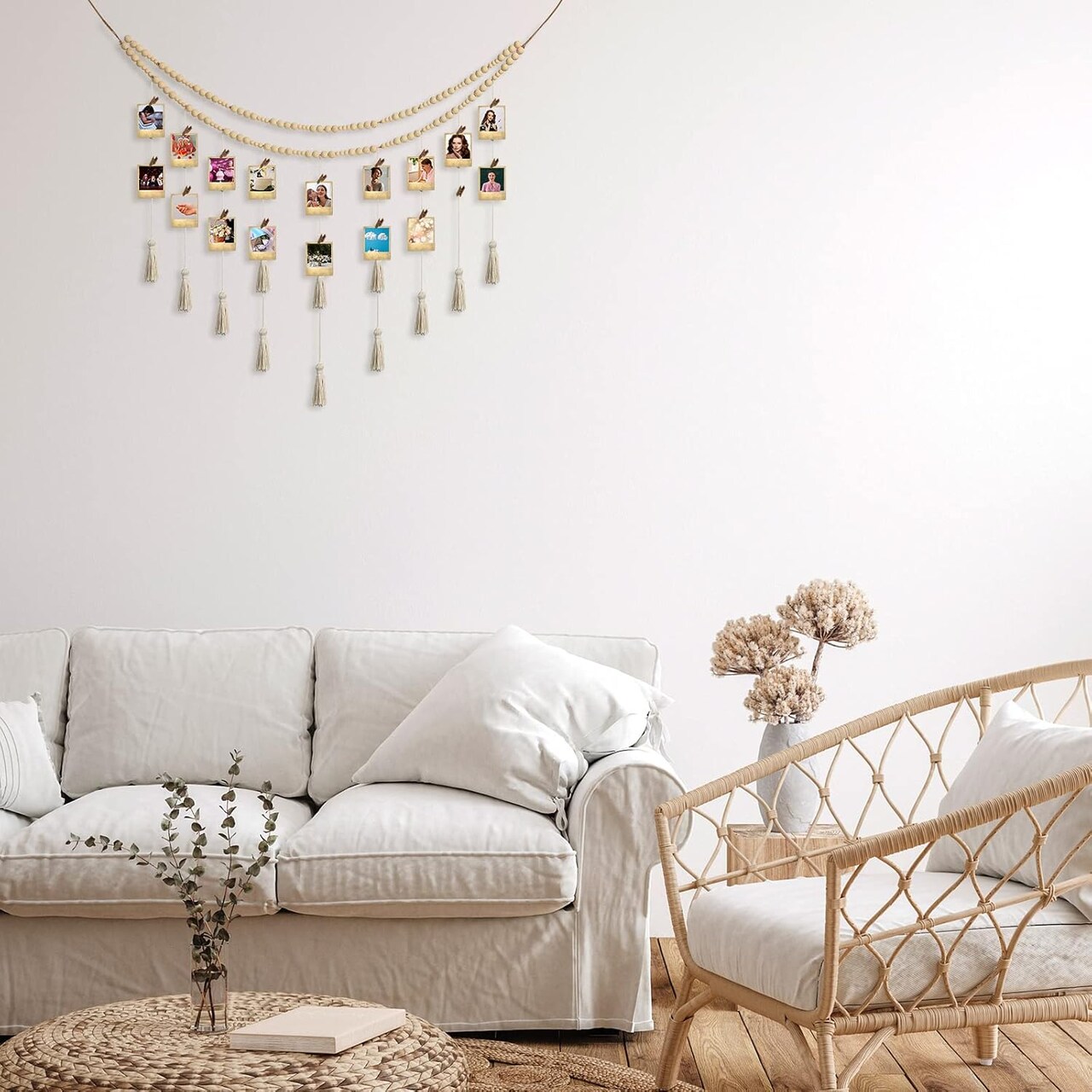 Hanging Photo Display Boho Macrame Photo Wall Hanging with 24 Wood Clips Macrame Collage Picture Frame with Wooden Beads Double Layer Room Decor Art Display